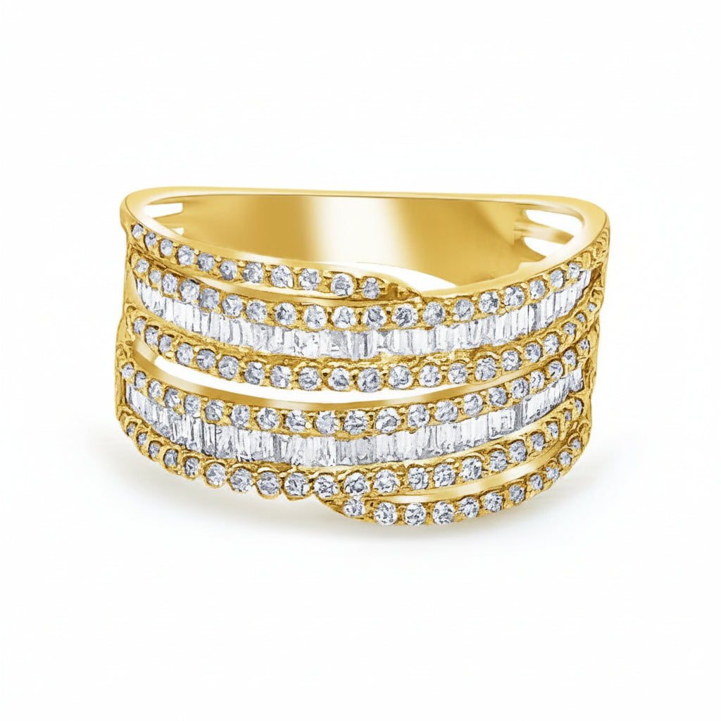 18k yellow gold double-band ring with 130 round and baguette-cut diamonds totaling approximately 0.80 cts