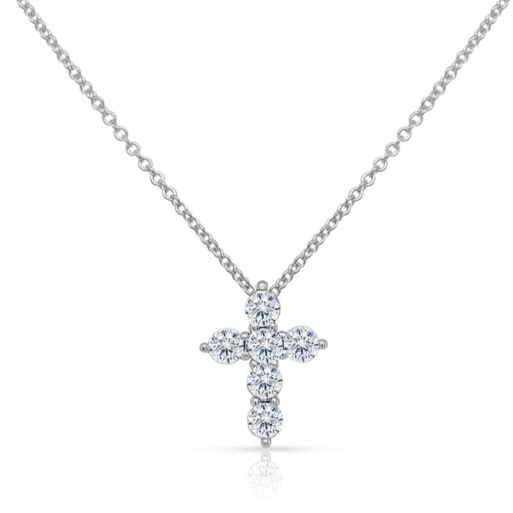 14k white gold cross pendant necklace with round brilliant-cut diamonds