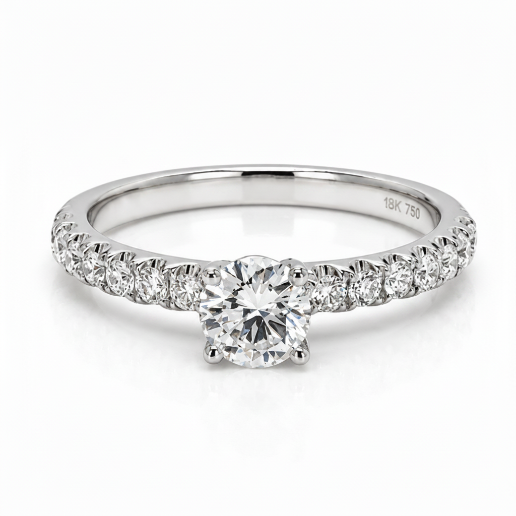 18k gold ring with round diamond and pavé diamonds