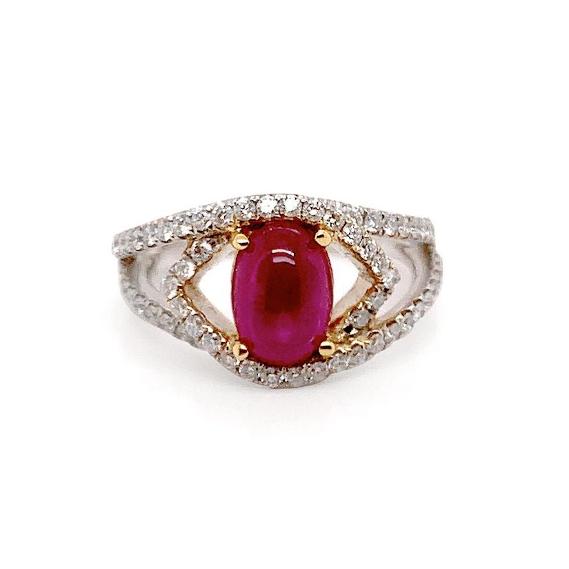 18k white gold ring with ruby cabochon and diamond accents