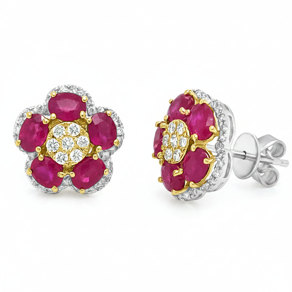 18k yellow and white gold ruby and diamond flower earrings by Diamond Tales