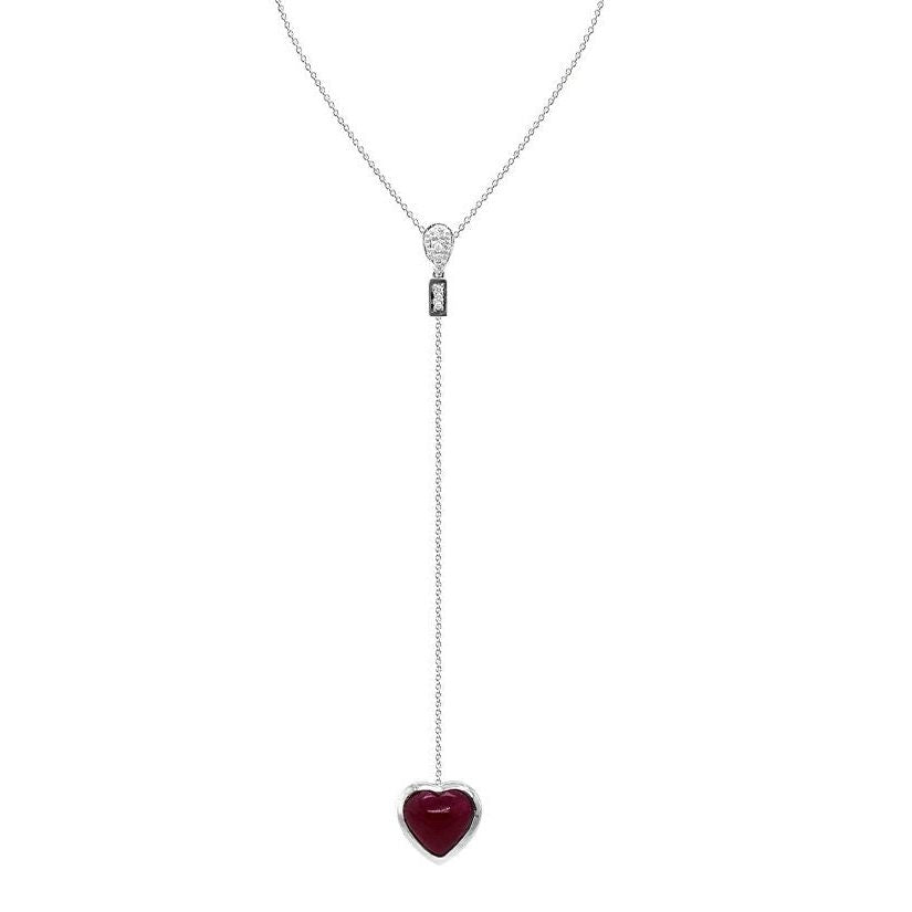 18k white gold Y-style necklace with a ruby heart and diamond accents