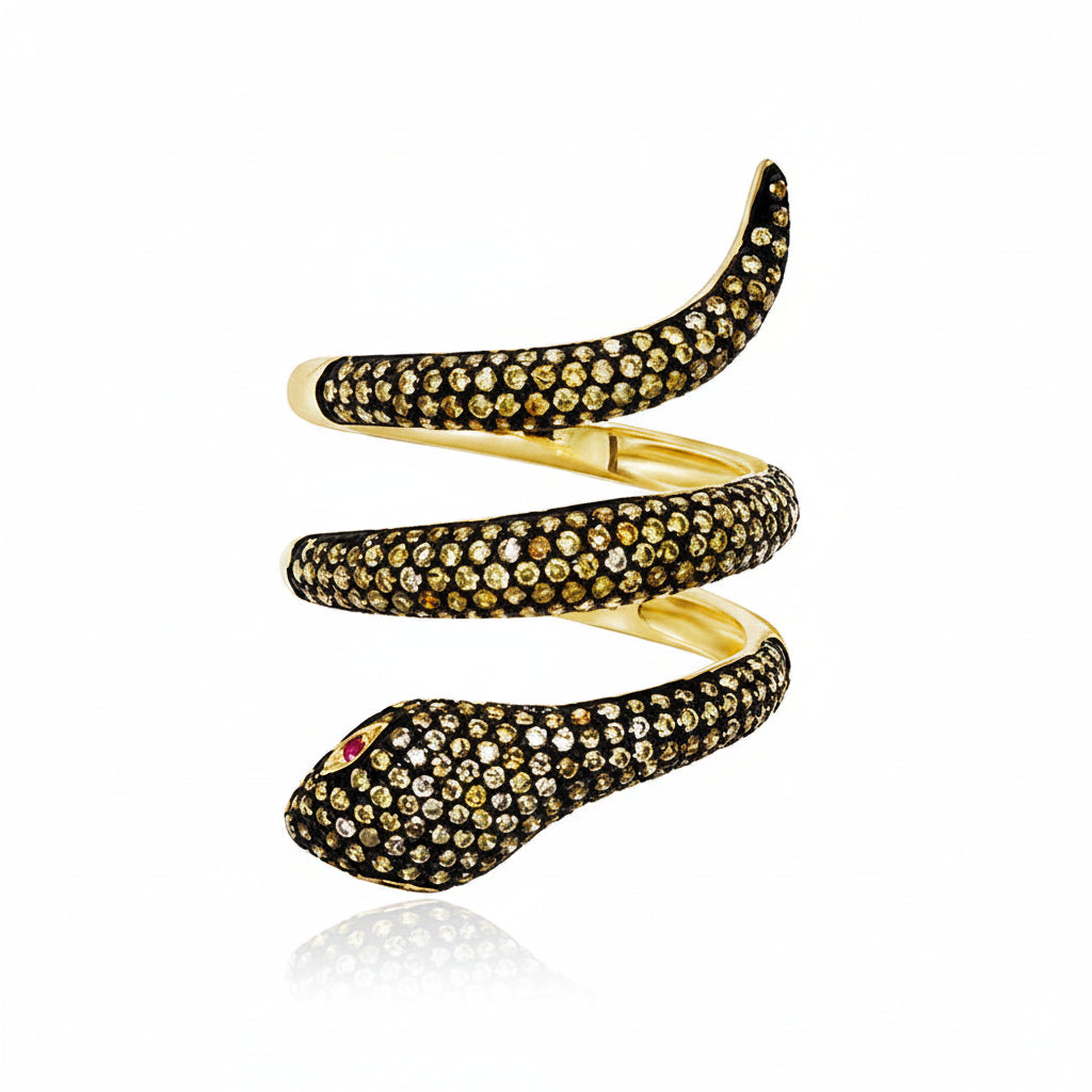 18k yellow gold snake ring with rubies and yellow pave diamonds totaling approximately 0.99 carats