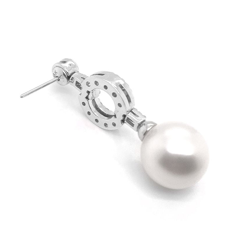 18k white gold drop earrings with large South Sea pearls and diamond accents