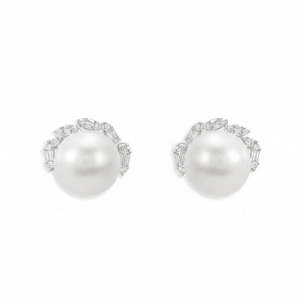 18k white gold stud earrings with South Sea pearl and diamond surrounding