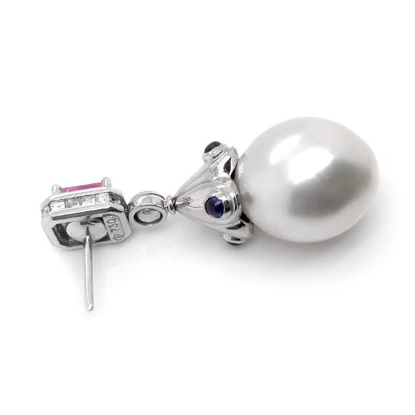 18k gold drop earrings with South Sea pearls and sapphire accents