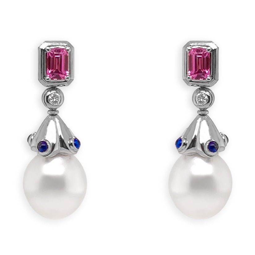 18k gold drop earrings with South Sea pearls and sapphire accents