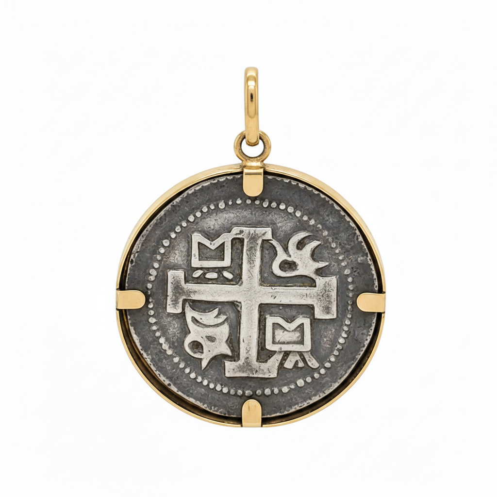Spanish coin pendant in a 14k yellow gold bezel