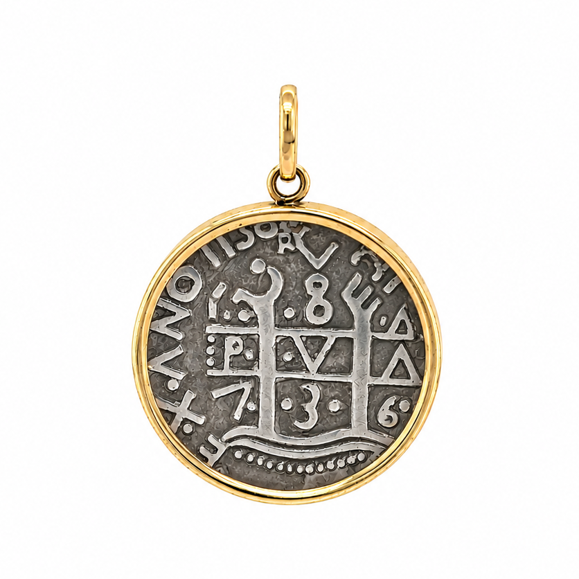 Spanish coin pendant in a 14k yellow gold bezel
