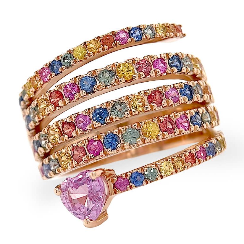 18k rose gold ring with spiral of multicolor sapphires leading to a heart-shaped pink sapphire