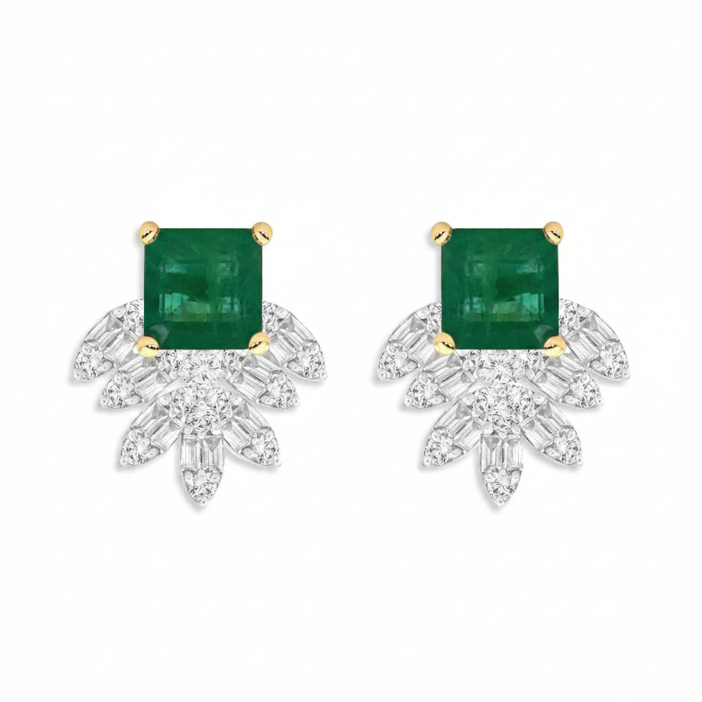 Two-tone 18k gold stud earrings with square emerald and marquise illusion diamonds