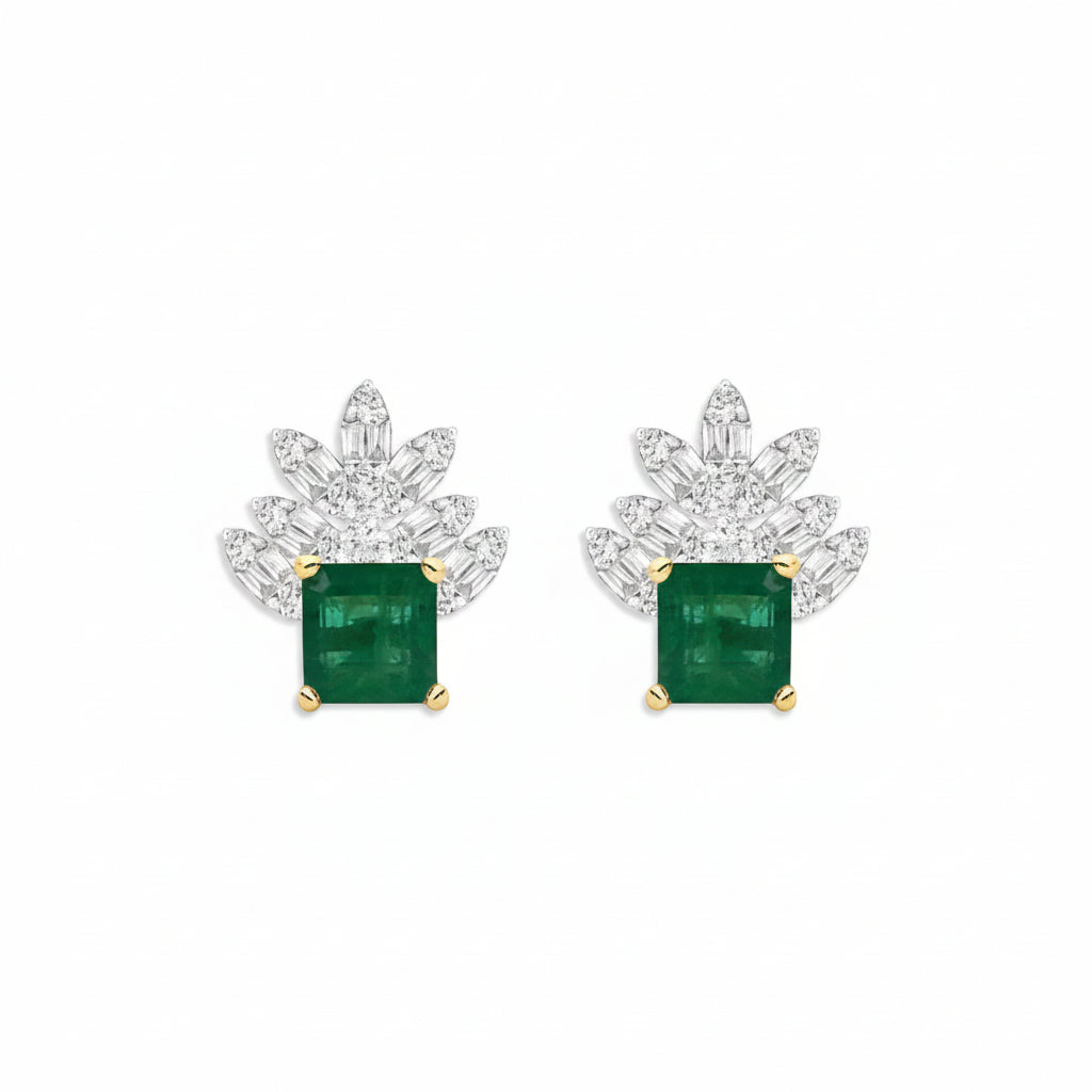 Two-tone 18k gold stud earrings with square emerald and marquise illusion diamonds