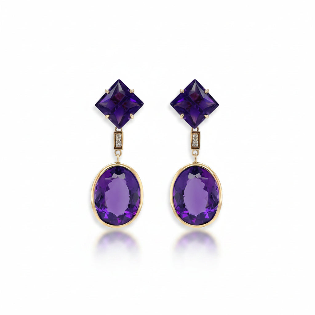 14k yellow gold stud earrings featuring square and oval amethysts with diamond accents