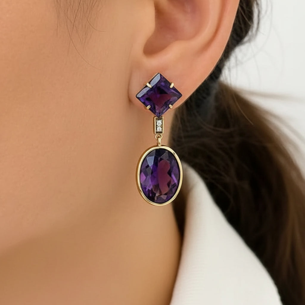 14k yellow gold stud earrings featuring square and oval amethysts with diamond accents