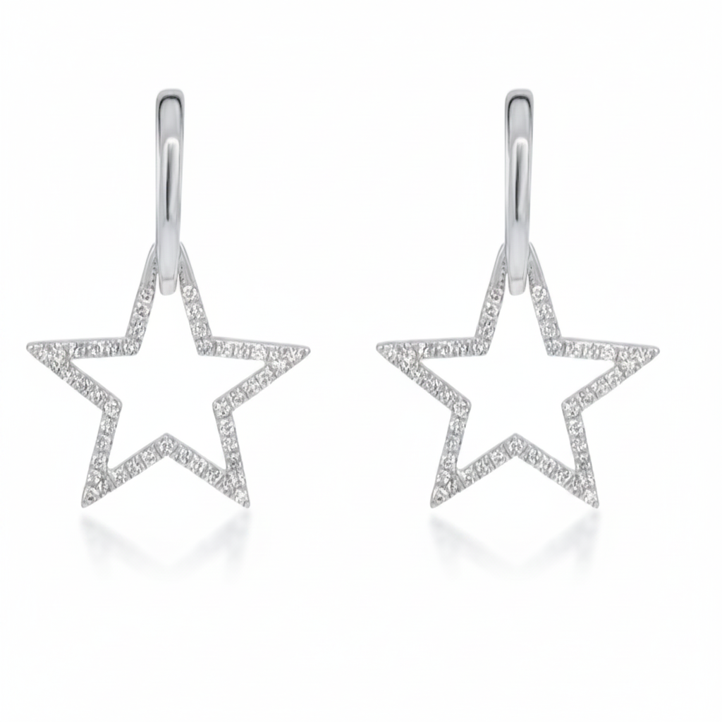 14k white gold star diamond drop huggie earrings