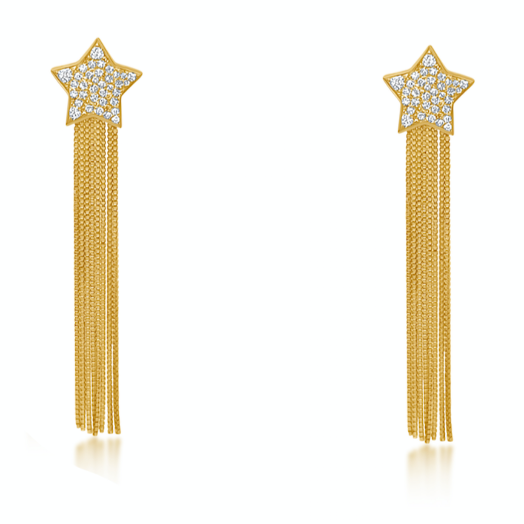 14k gold star stud earrings with diamond accents and cascading chain drops
