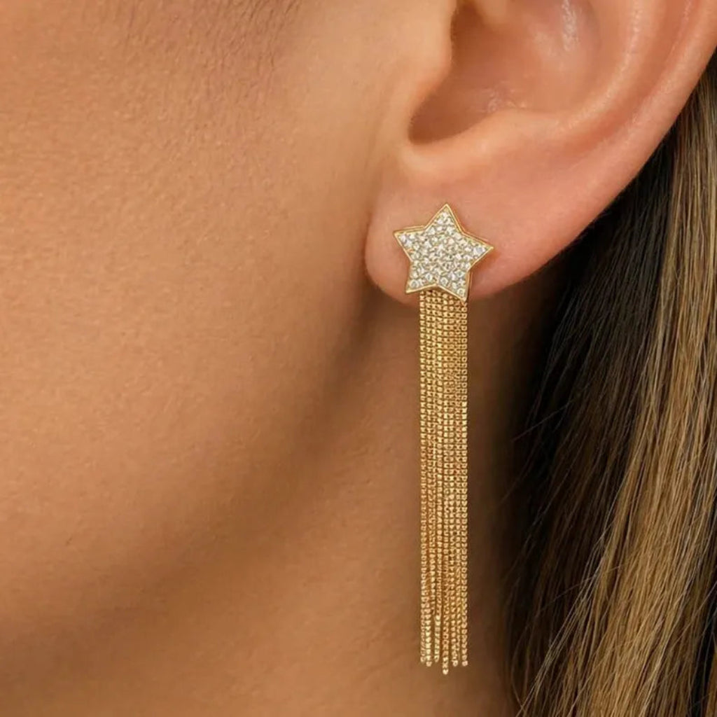 14k gold star stud earrings with diamond accents and cascading chain drops