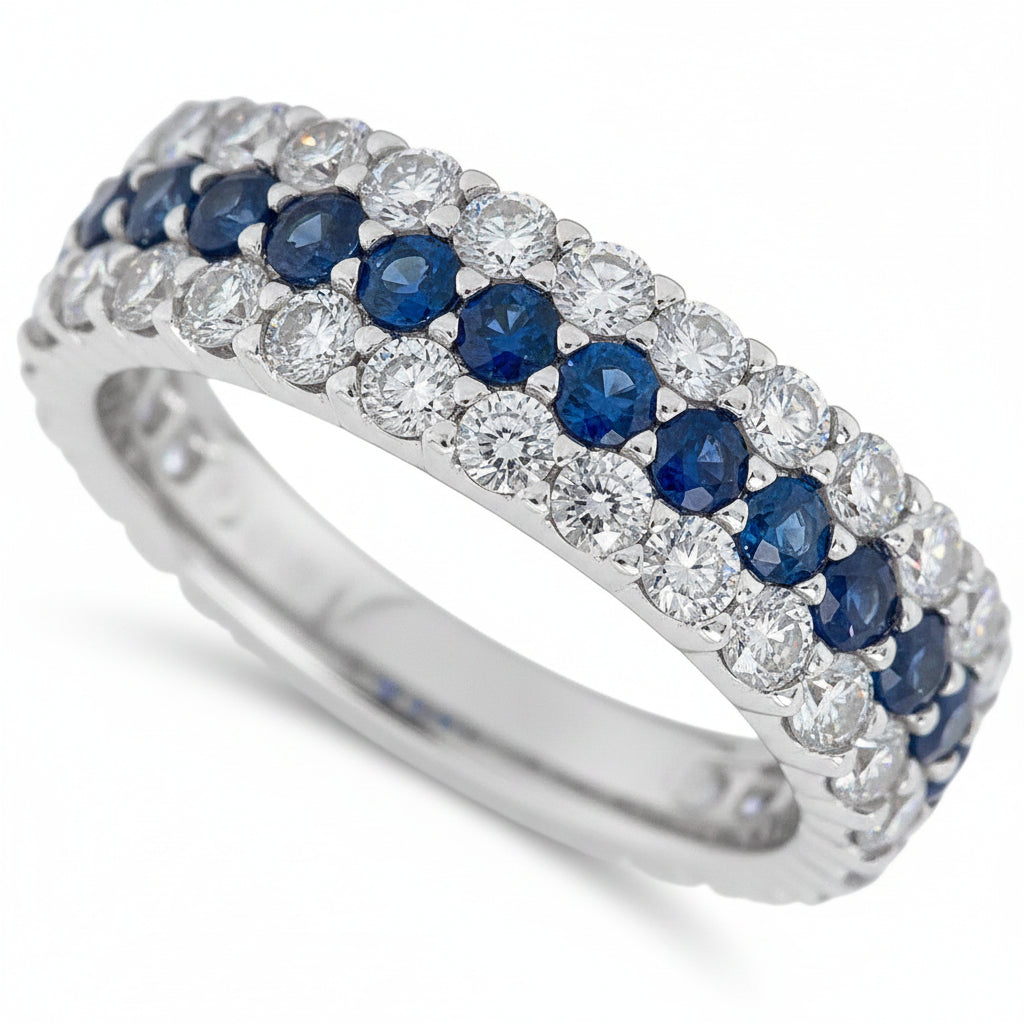 18k white gold band with central blue sapphire row flanked by diamond rows