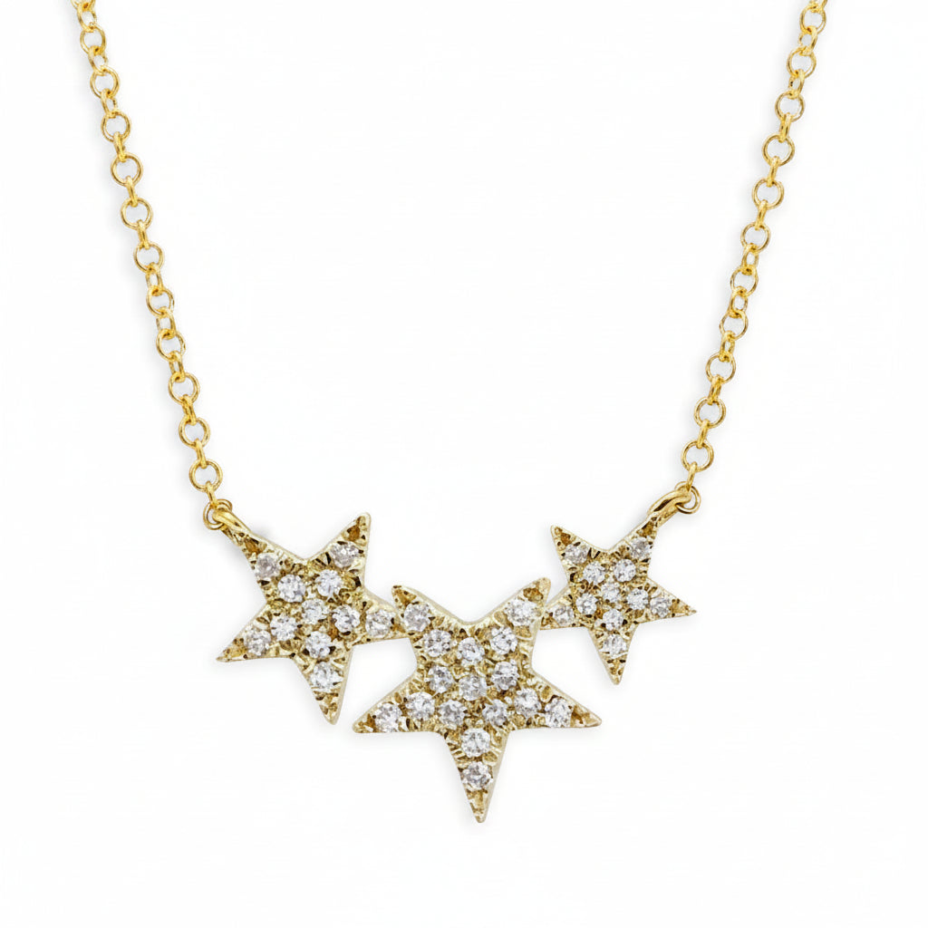 14k gold necklace with three star-shaped diamond accents