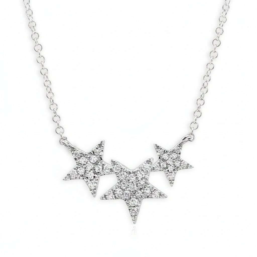 14k gold necklace with three star-shaped diamond accents