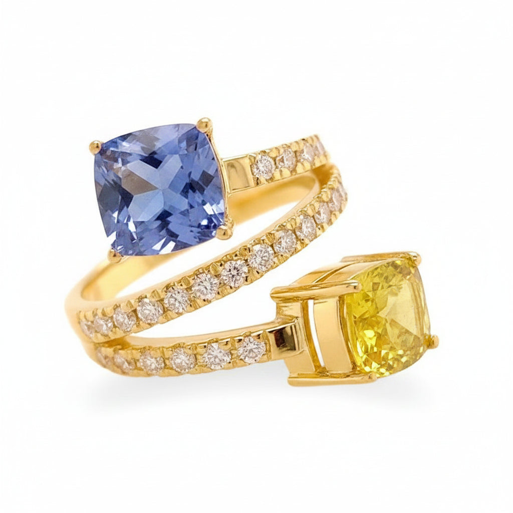 18k yellow gold Toi et Moi ring with tanzanite, sapphire, and diamond accents