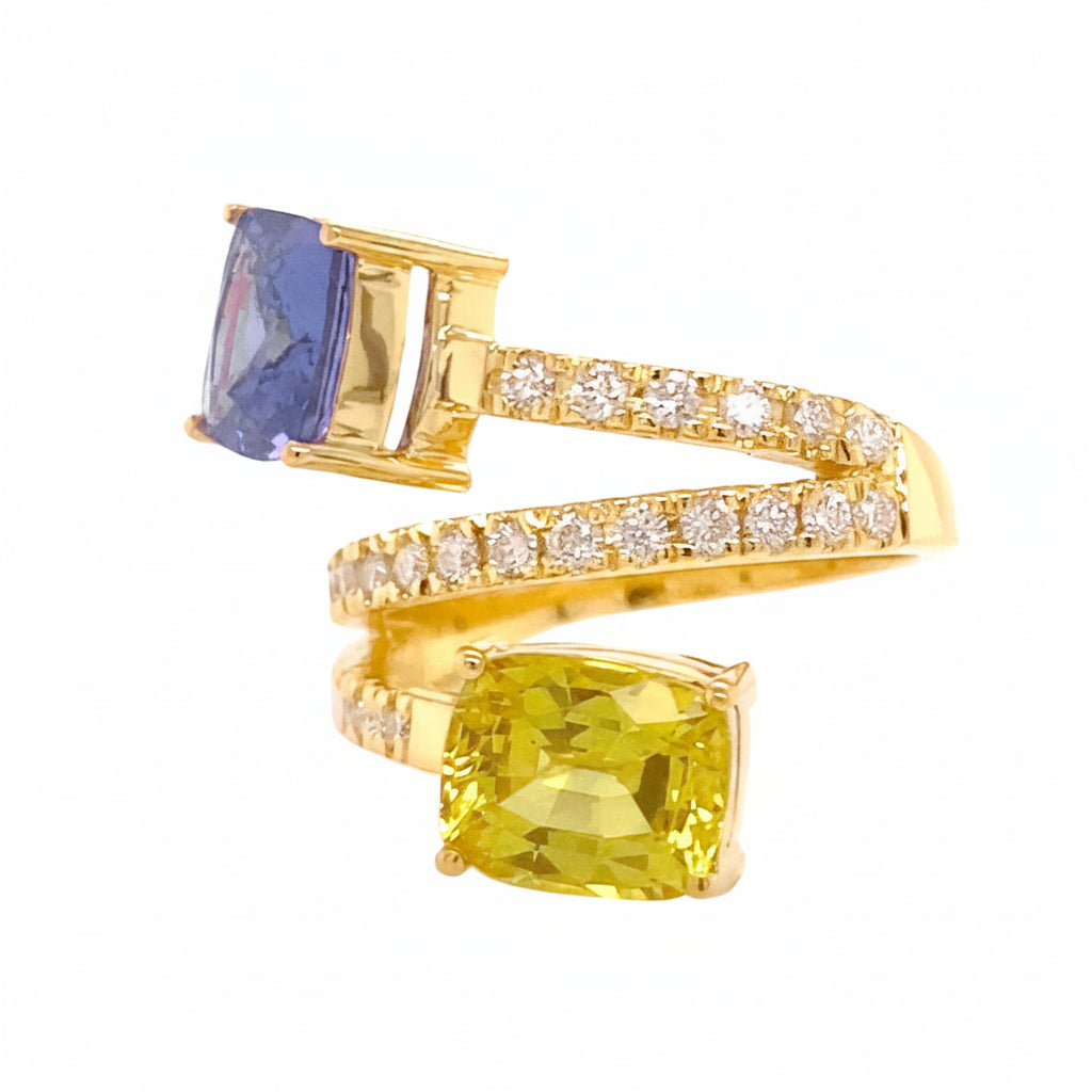 18k yellow gold Toi et Moi ring with tanzanite, sapphire, and diamond accents