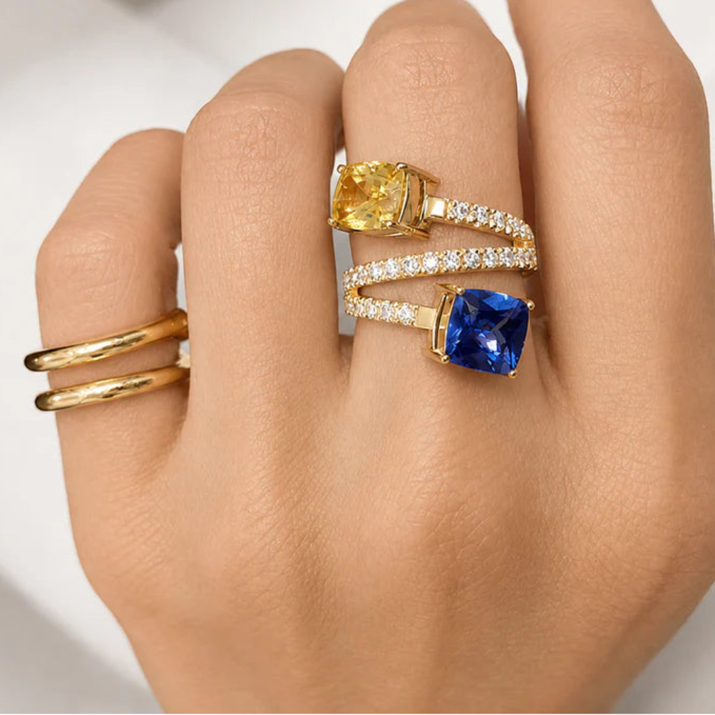 18k yellow gold Toi et Moi ring with tanzanite, sapphire, and diamond accents