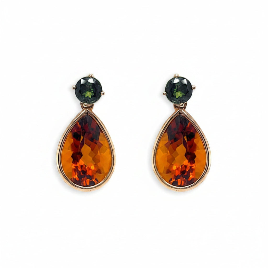 18k yellow gold drop earrings with round green tourmalines and pear citrine drops