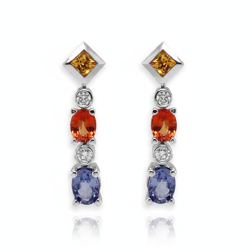 18k gold drop earrings with blue, orange, and yellow sapphire accents and diamonds