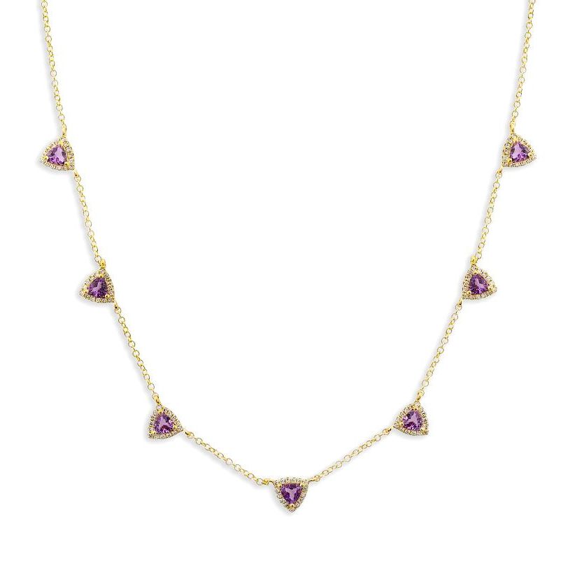 14k gold necklace with seven trillion-cut amethyst stones and round diamond accents