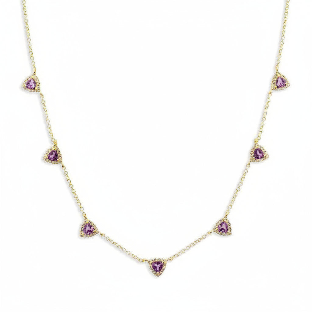 14k gold necklace with seven trillion-cut amethyst stones and round diamond accents