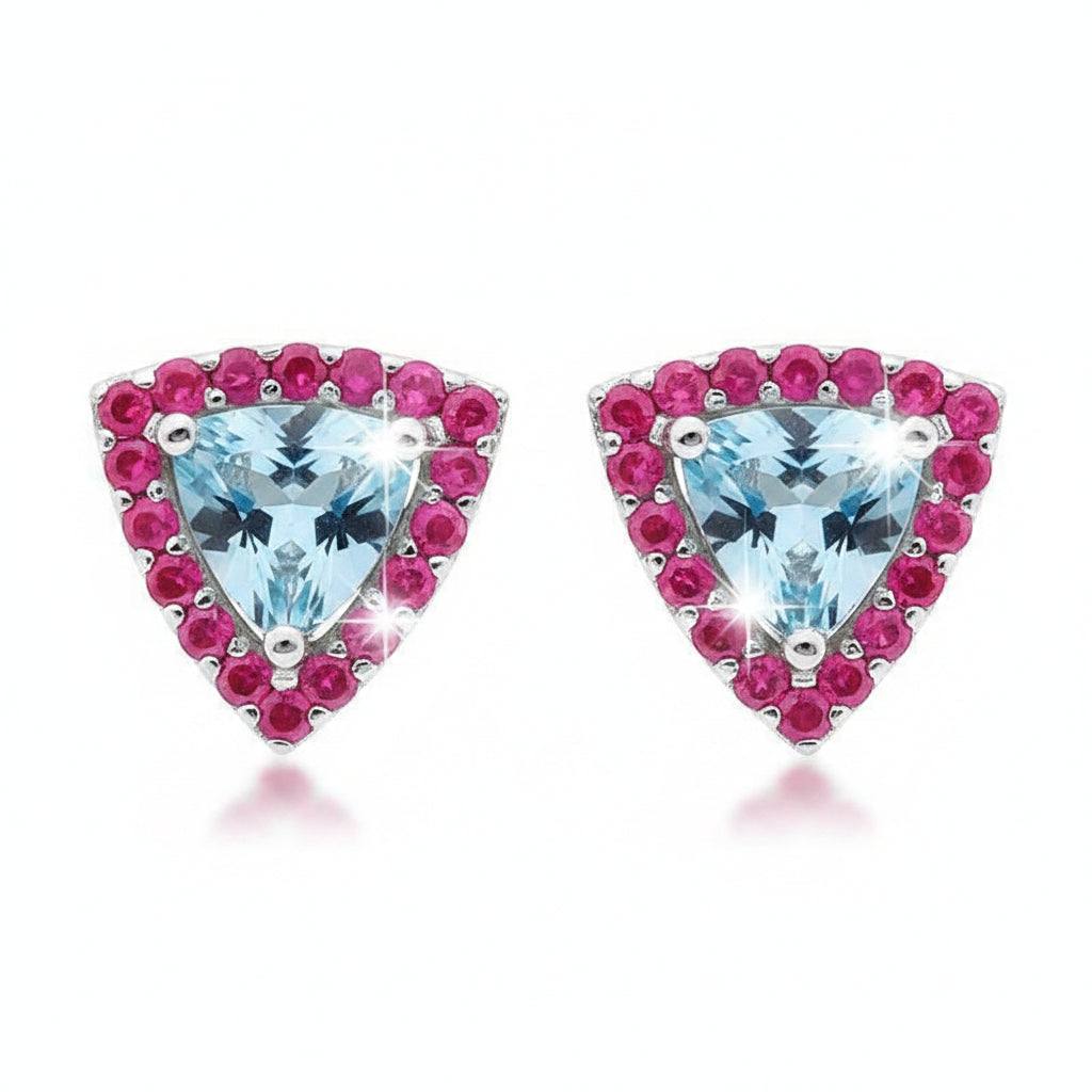 18k gold earrings with trillion-cut aquamarine and pink sapphire accents