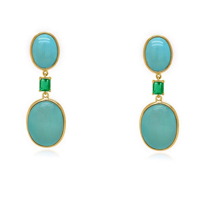 18k yellow gold earrings with 19.80 carats of turquoise and two emeralds totaling 0.51 carats