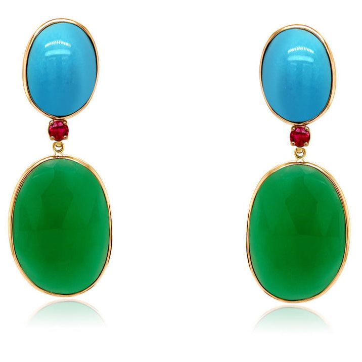 14k yellow gold drop earrings with 13.00 cts turquoise, 27.00 cts green agate and 0.39 cts rubies