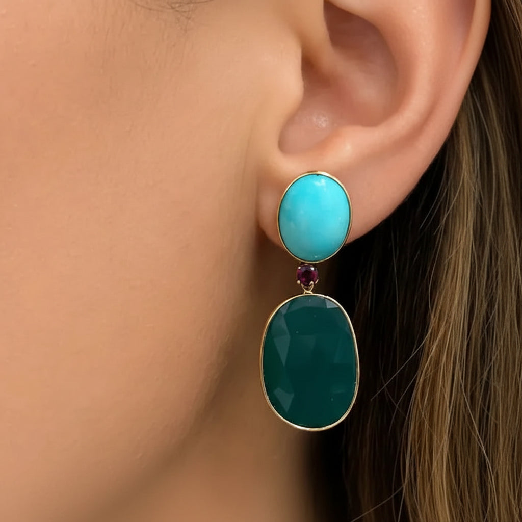 14k yellow gold drop earrings with 13.00 cts turquoise, 27.00 cts green agate and 0.39 cts rubies