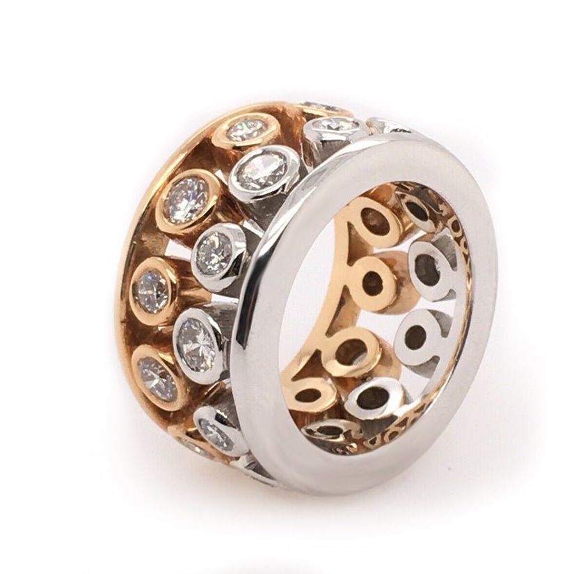 two-tone 18k rose and white gold ring with 24 round diamonds totaling 2.40 cts