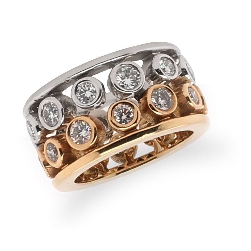two-tone 18k rose and white gold ring with 24 round diamonds totaling 2.40 cts