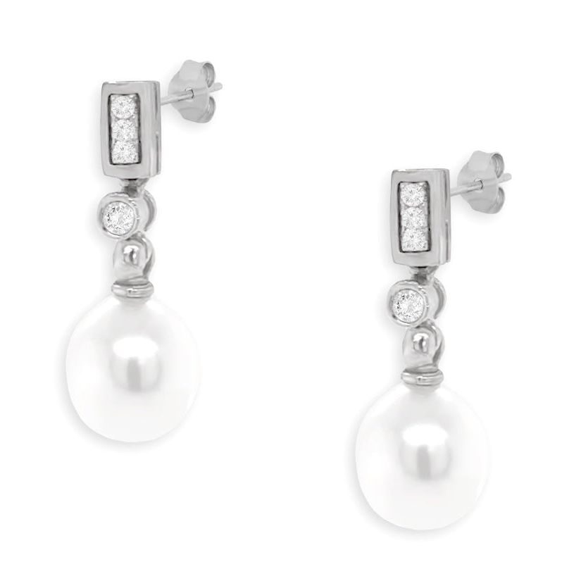 18k gold drop earrings with white pearls and diamond accents