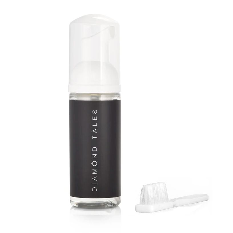 Diamond Tales foaming jewelry cleaner bottle with non-aerosol pump and included brush