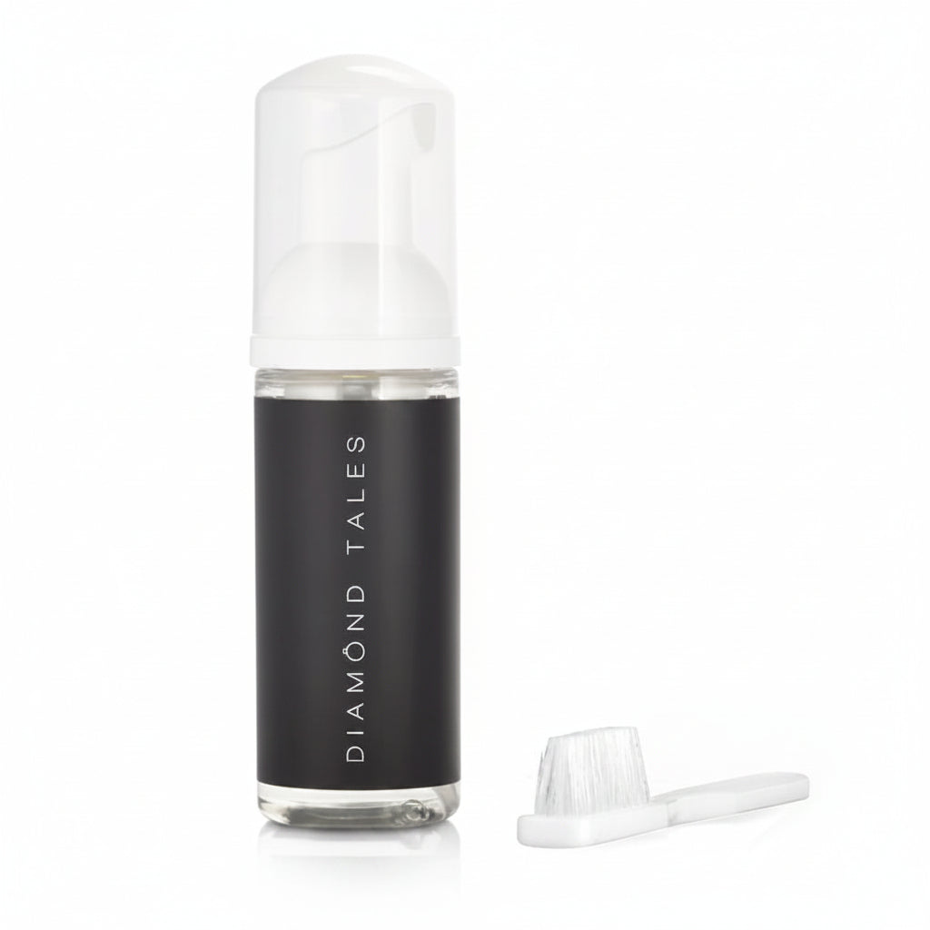 Diamond Tales foaming jewelry cleaner bottle with non-aerosol pump and included brush