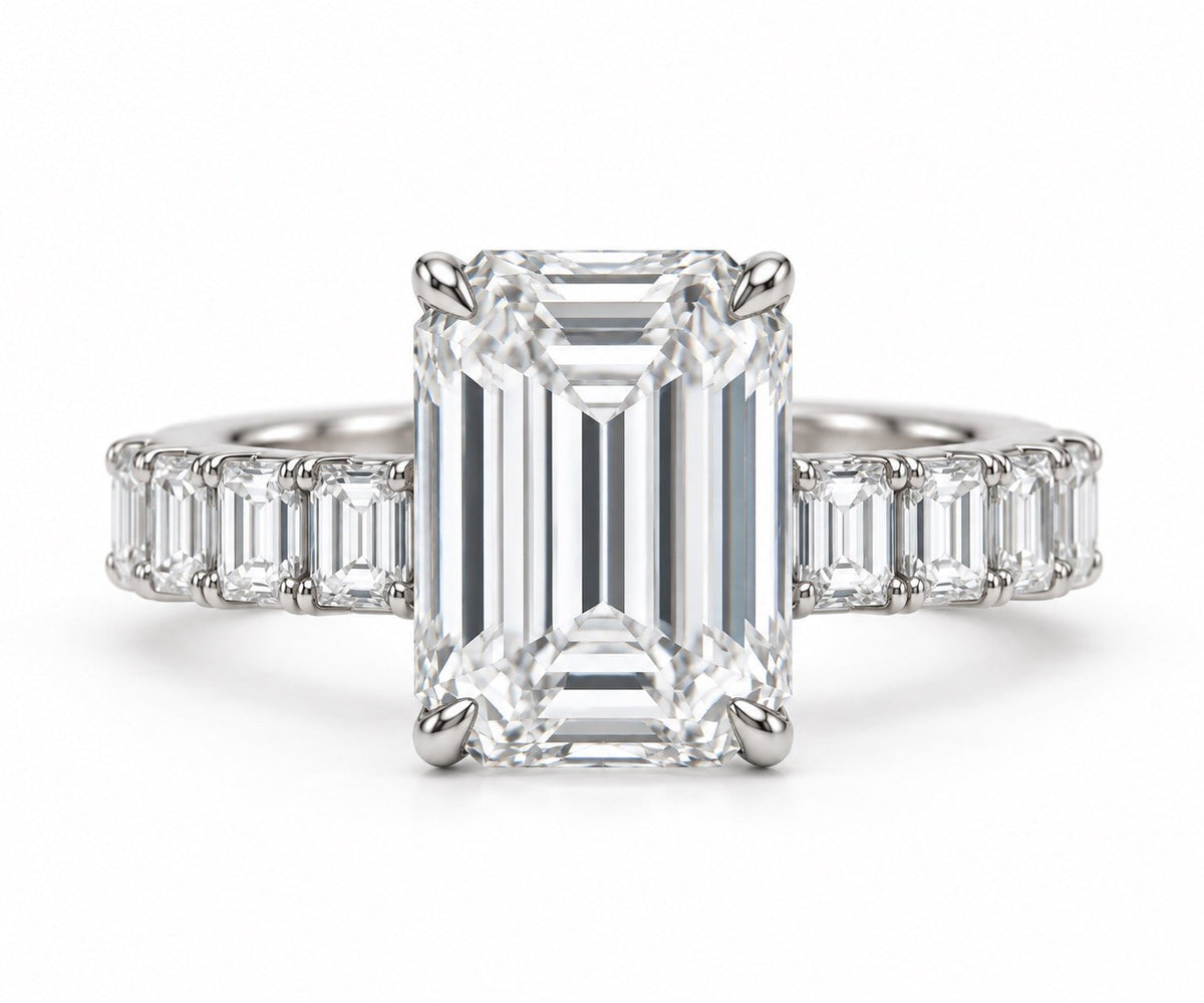 Emerald cut diamond engagement ring with emerald cut side stones in white gold, by Diamond Tales Miami