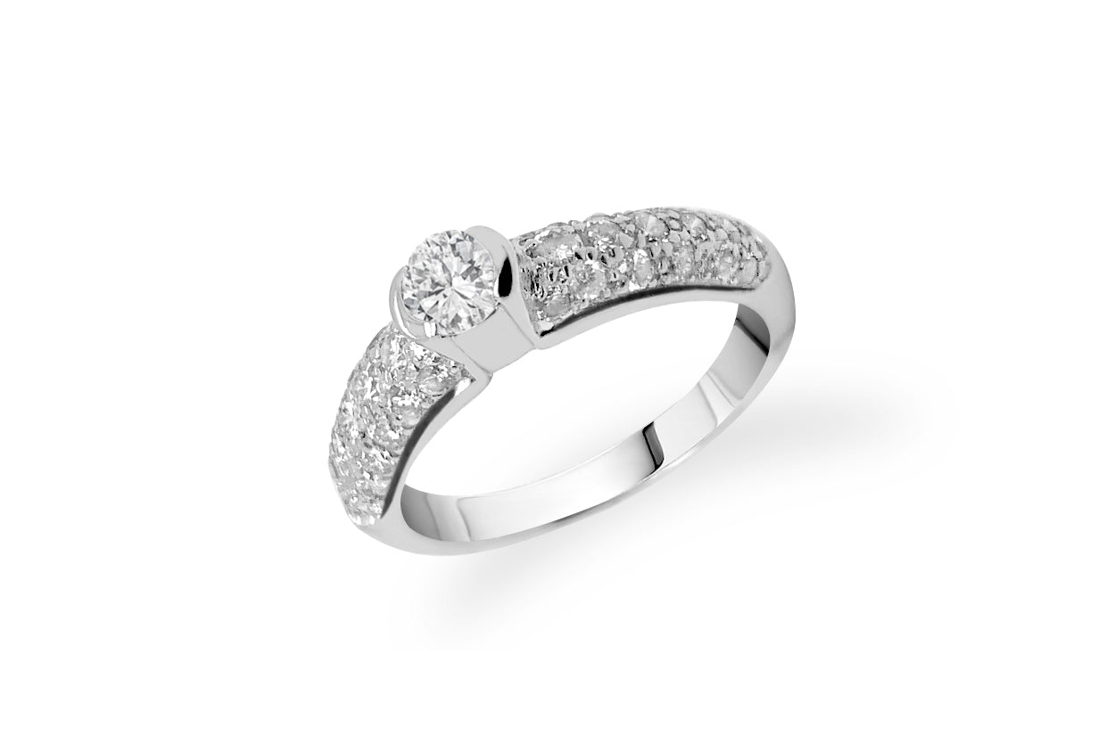 Vintage Solitaire Engagement Ring with Pavé Diamonds on a White Gold Band