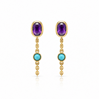 14k yellow gold star stud earrings set with amethyst and turquoise and a double chain