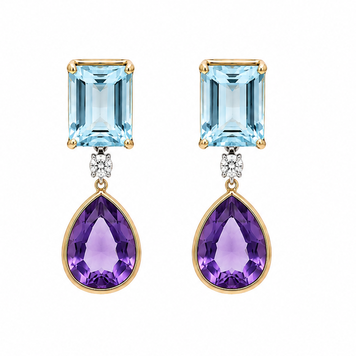 14k gold drop earrings with emerald cut aquamarine and pear amethyst stones