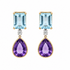14k gold drop earrings with emerald cut aquamarine and pear amethyst stones