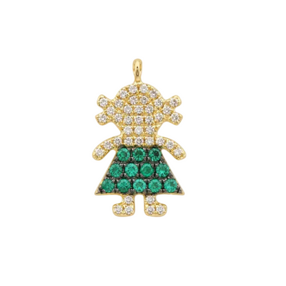14k gold girl pendant with emeralds and natural diamonds