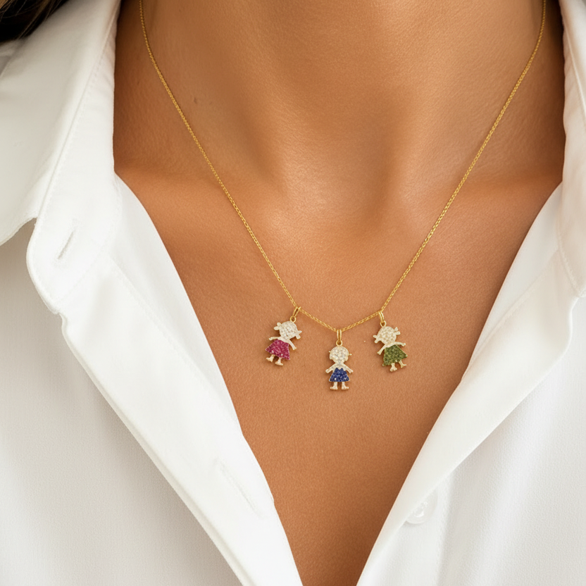 14k gold kids pendant with gemstones and natural diamonds