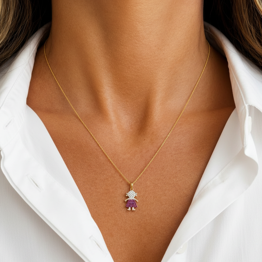 14k gold girl pendant with ruby and natural diamonds