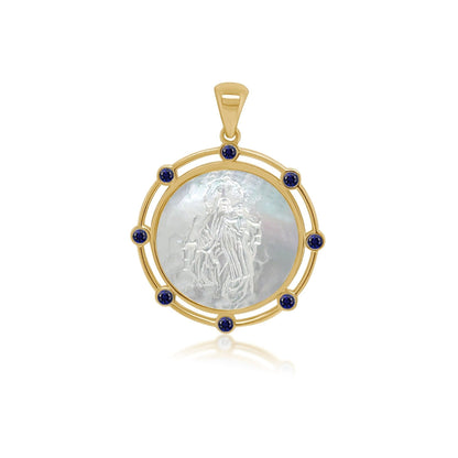 14k gold pendant with mother-of-pearl center and sapphire halo