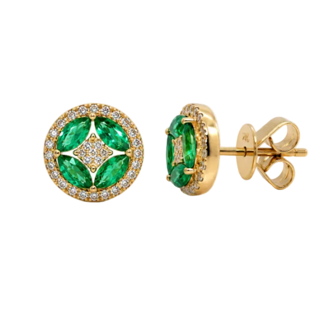 14k gold flower stud earrings with oval emeralds and round diamonds